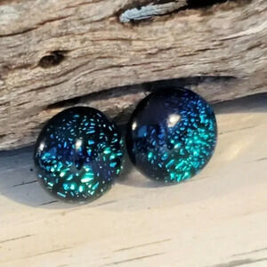 Fused Dichroic Art Glass Cabochon Black Multi Round Stud Earrings